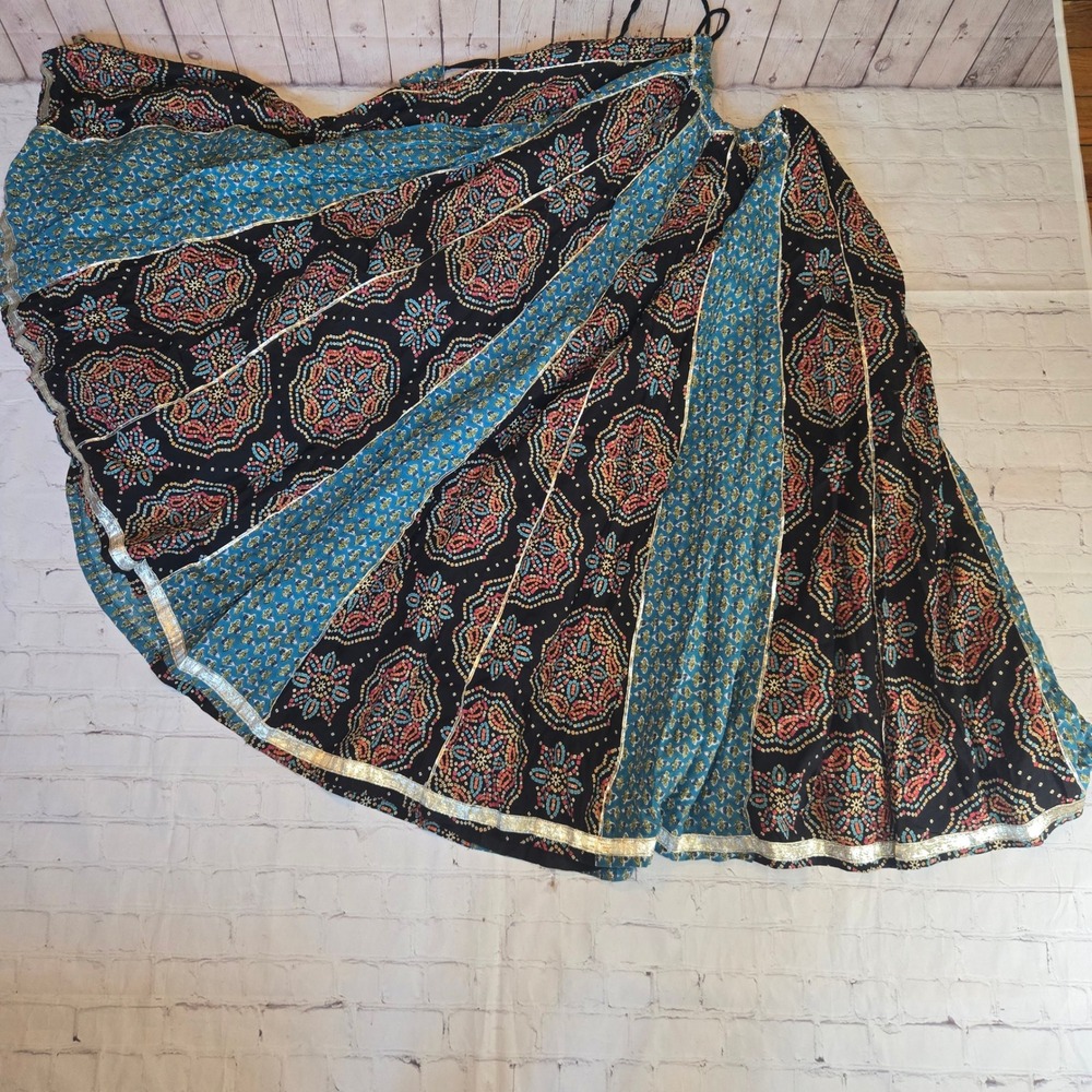 Boho cottagecore whitchy handmade layered Patchwork Block Print Maxi Skirt OS